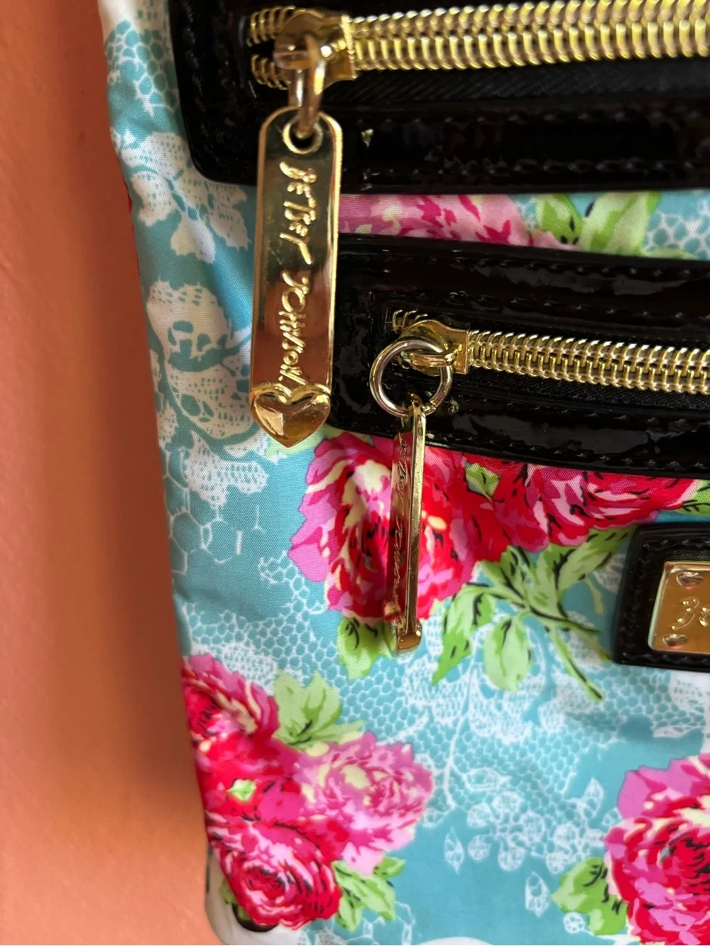 Besty Johnson Floral Skull Crossbody Bag in Turquoise and Pink